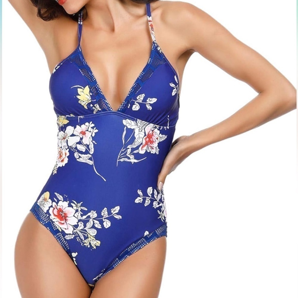 One Piece Bathing Suits for Women V Neck Floral Print Swimsuit - Size Large